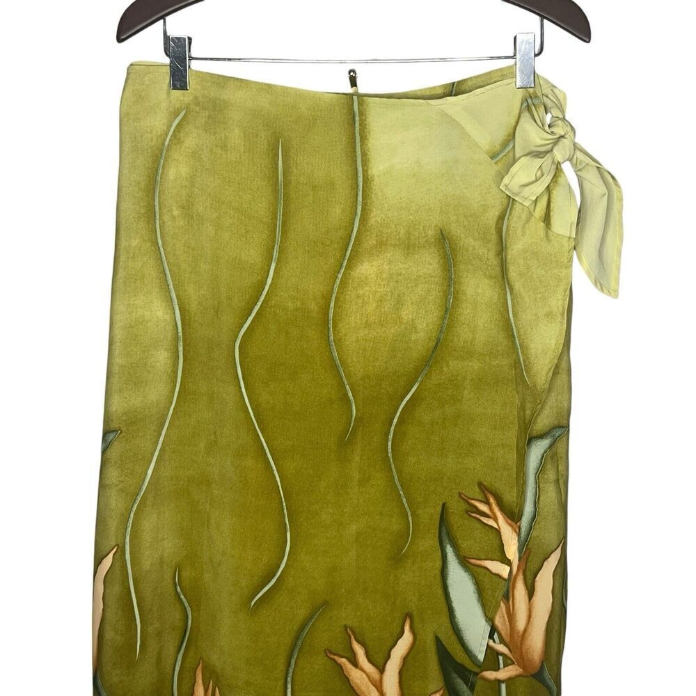 Taiga Paris Vintage Women's Size 12 Midi Tulip Wrap Skirt Side Tie Olive Floral - Picture 2 of 11